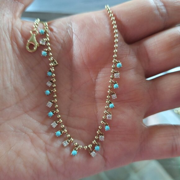 14kt gold necklace with real turquoise gemstones and diamonds - Picture 4 of 6